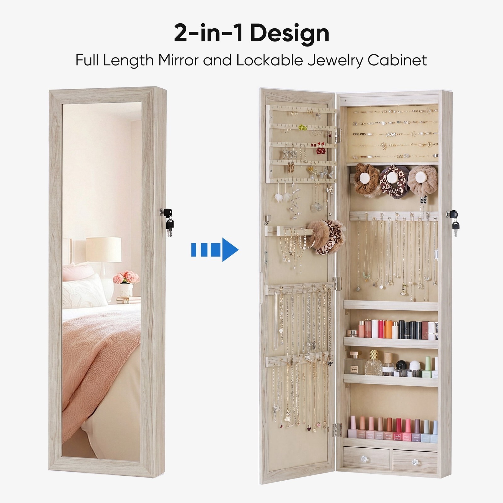 Lockable Jewelry Cabinet Organizer w/Full Length Mirror,Wall Mount Hanging Door