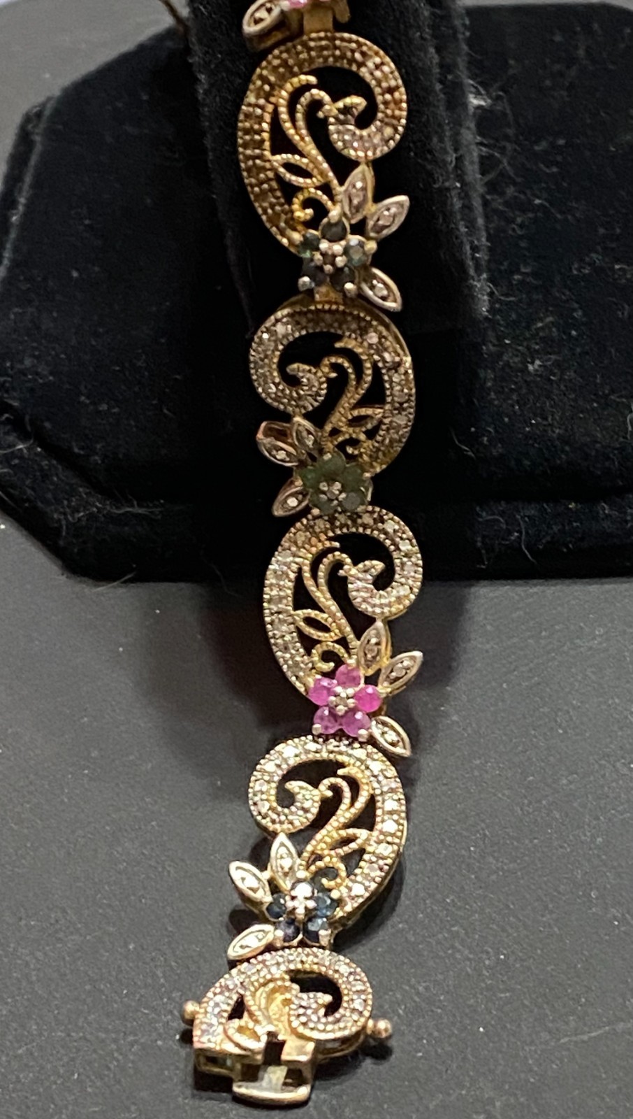 Vintage 925 Sterling Silver Gold Plated Filigree Gemstone Bracelet 7.5″ TDL