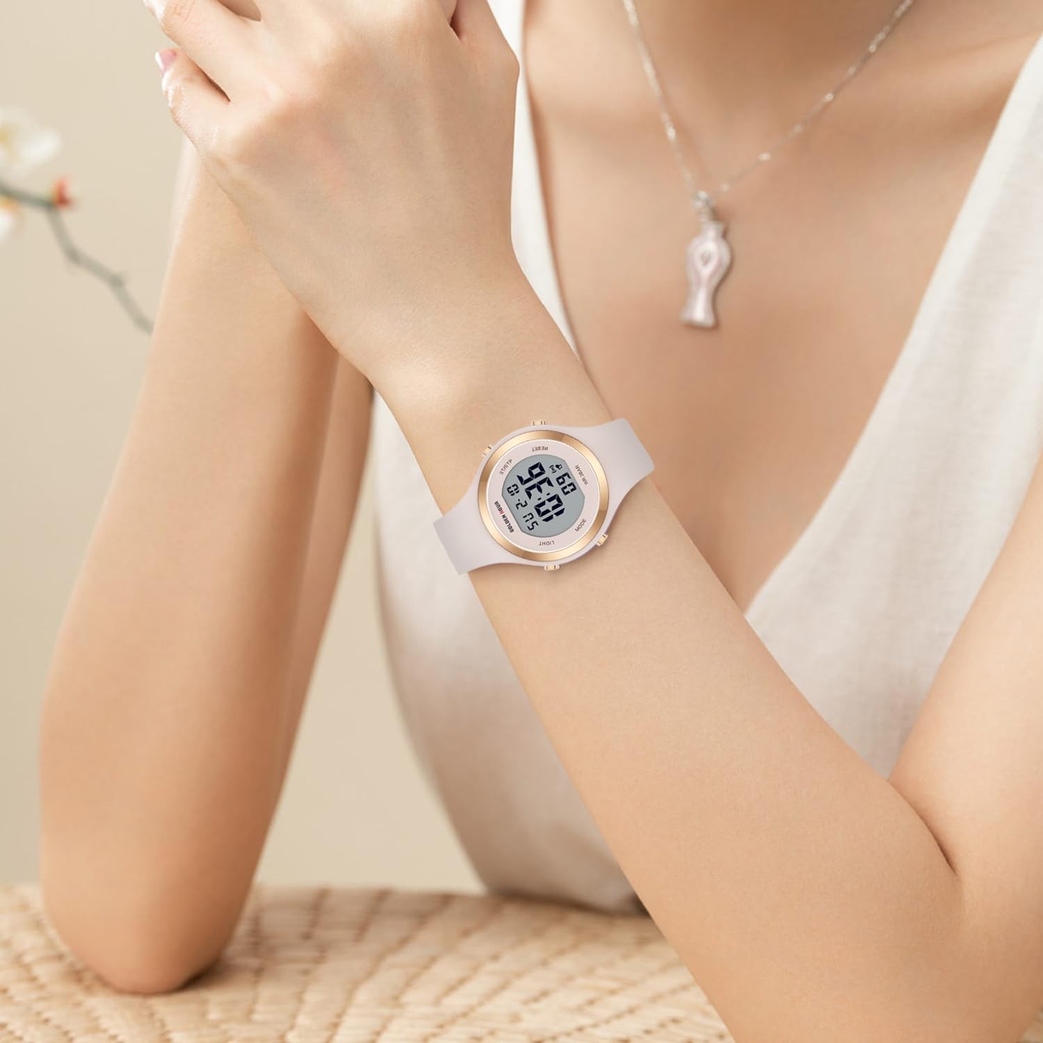 Digital Chronograph Watch Women 38mm Rose Gold Waterproof Silicone Strap Alarm