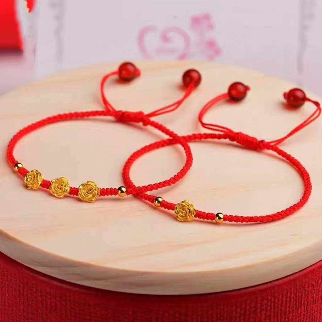 1pcs Pure 24K Yellow Gold Bracelet Women’s Rose Red String Amulet Bracelet
