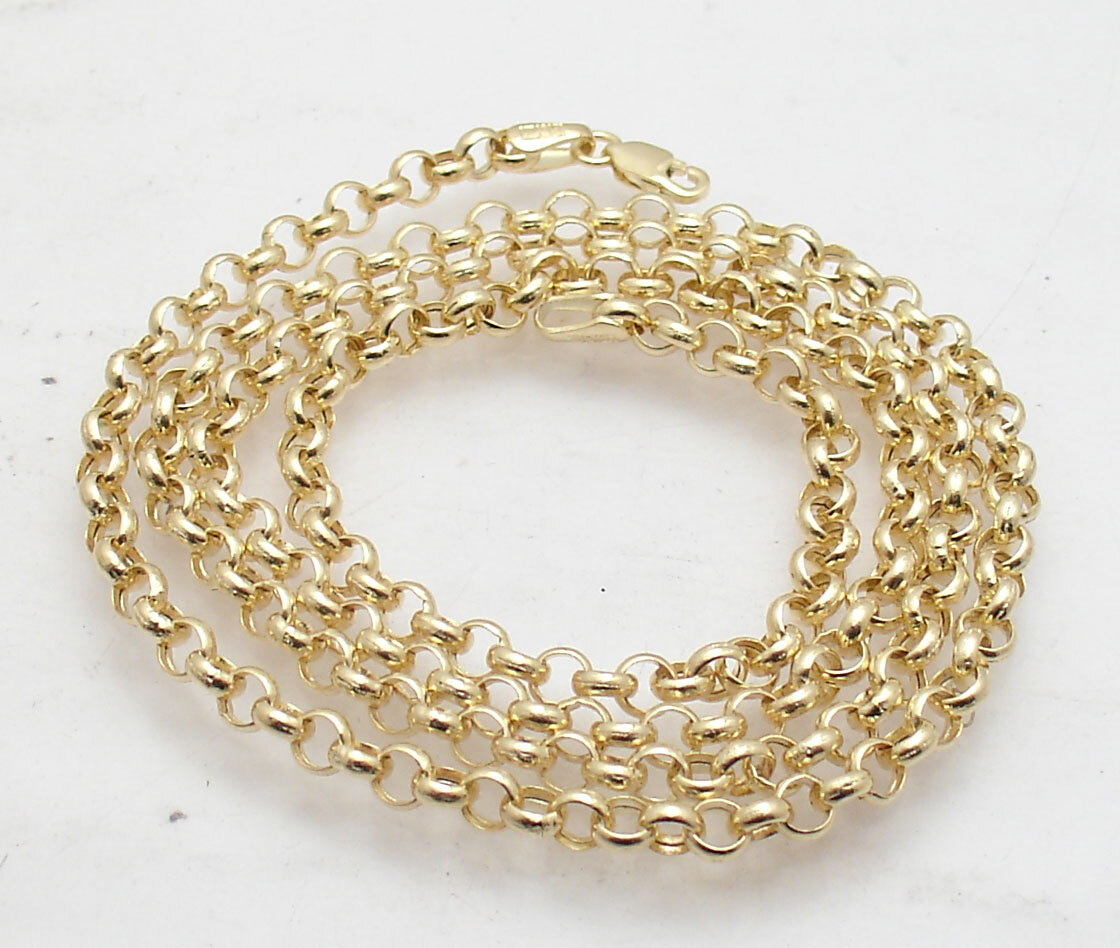 4mm Charm Rolo Chain Necklace Real 14K Yellow Gold 16″ 18″, 20″, 22″, 24″ 26″ 30