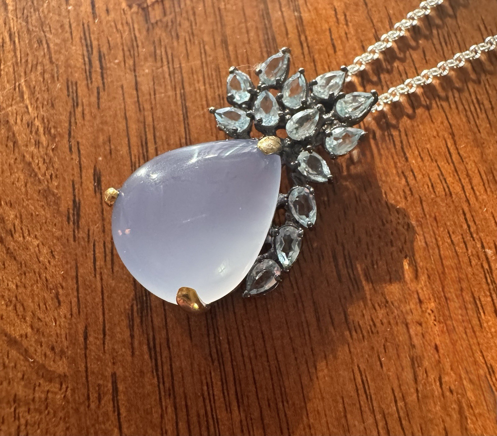 925 Sterling Lavender Chalcedony 18” Necklace Floral Blue Gemstone Pendant