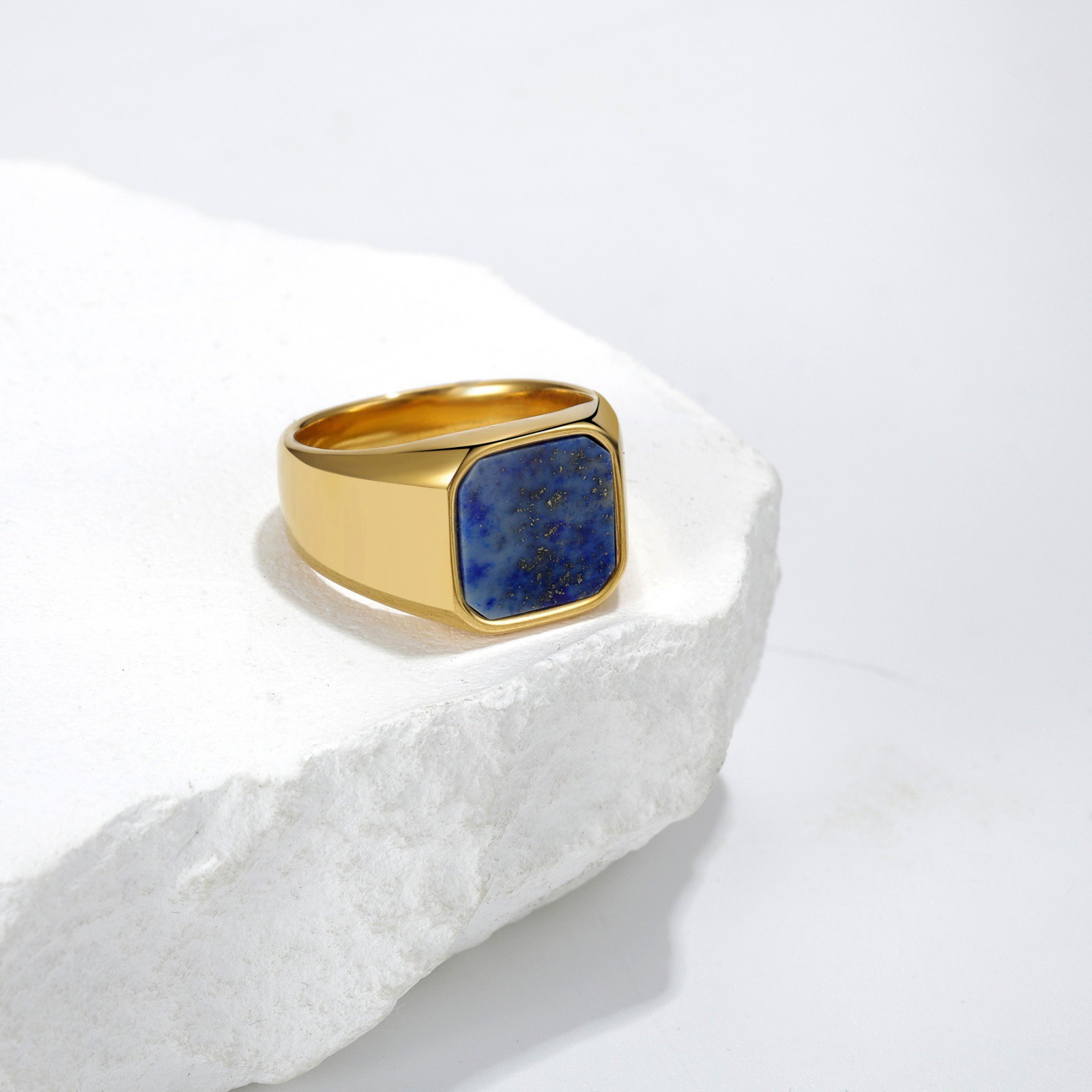 Mens Simple Lapis Lazuli Signet Ring Stainless Steel Fade-Resistant Band Jewelry