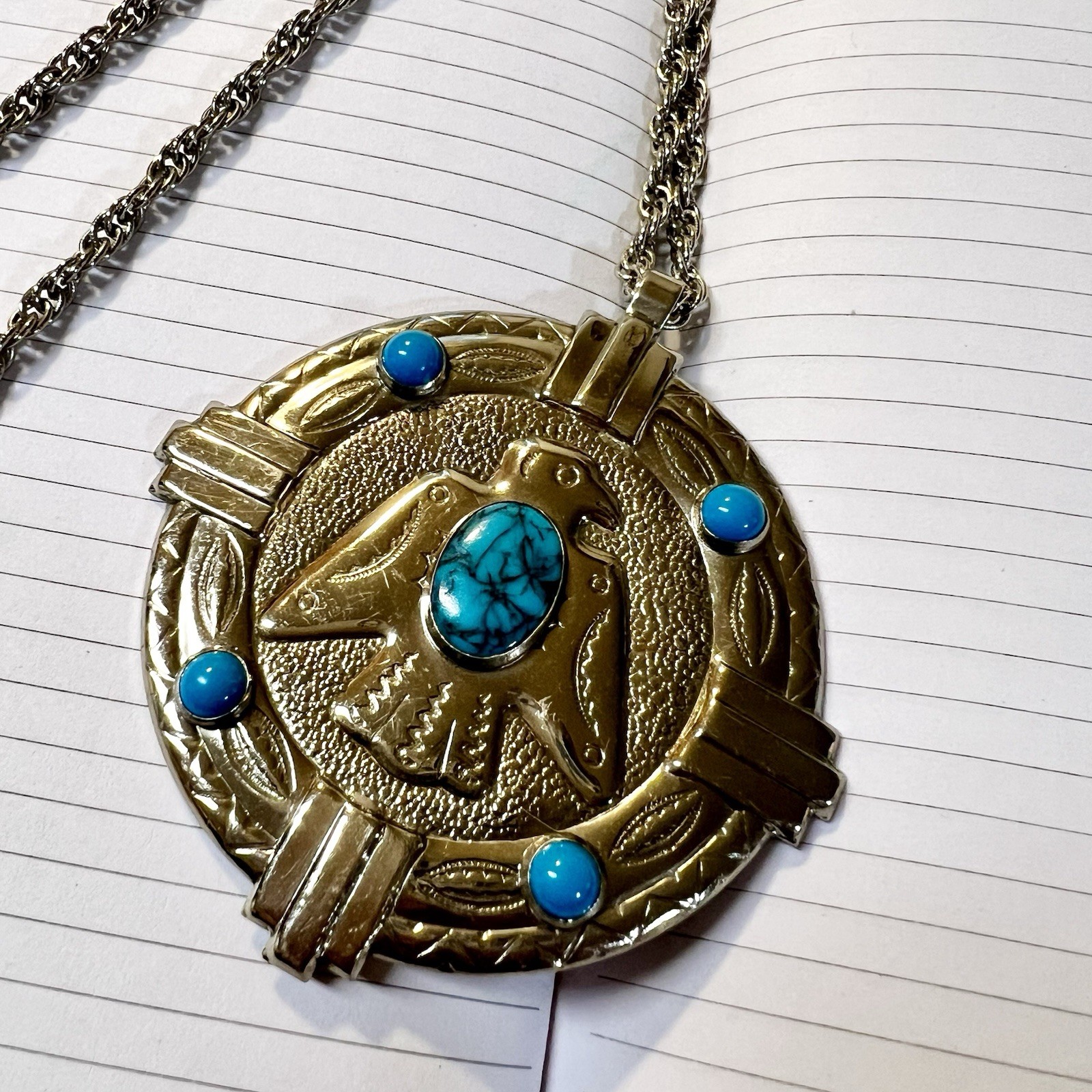 Nickle Silver Bell Vintage Western Navajo Thunderbird Turquoise Pendant Necklace