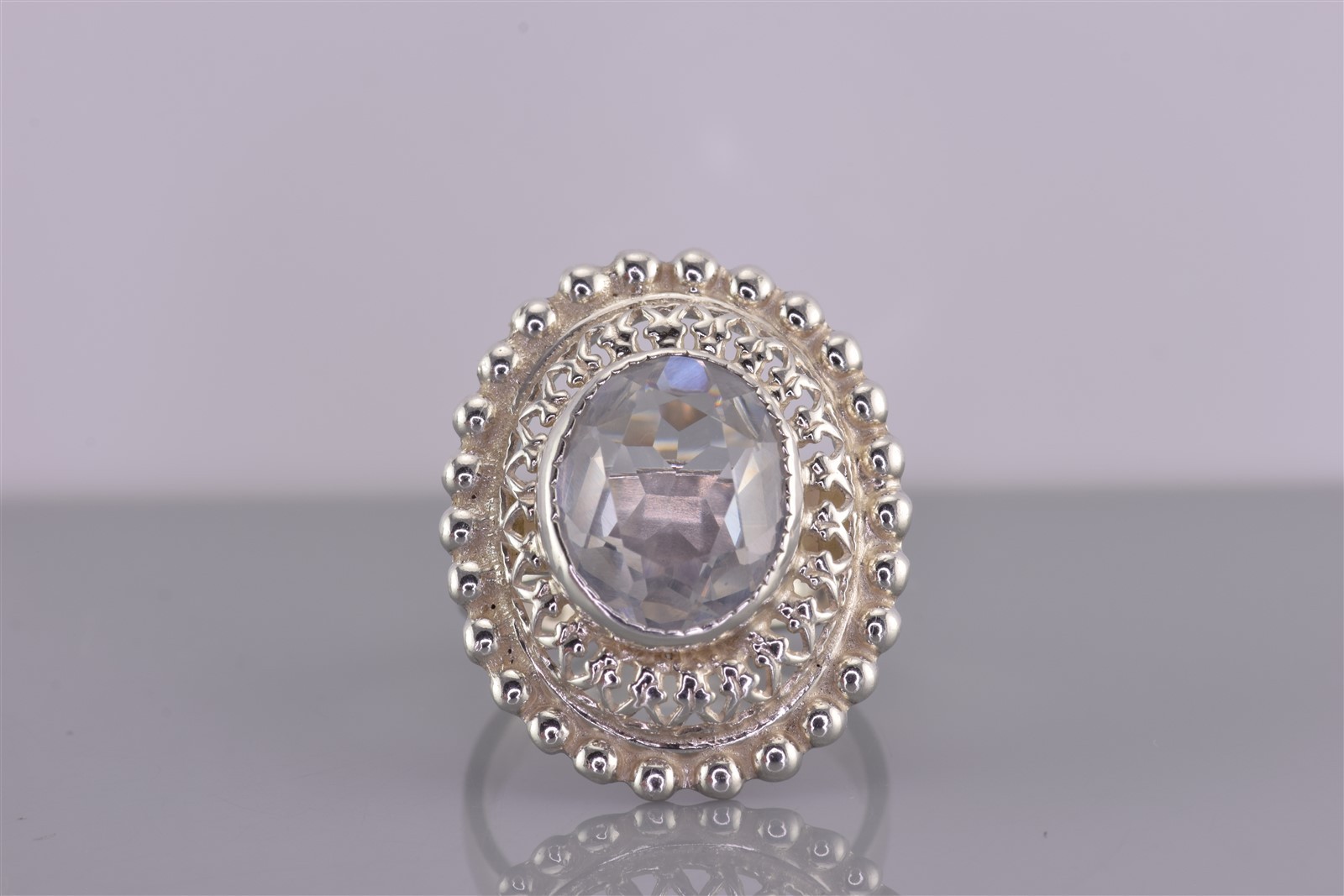 Sterling Silver Beaded Oval Raised White Topaz Statement Band Ring 925 Sz: 6
