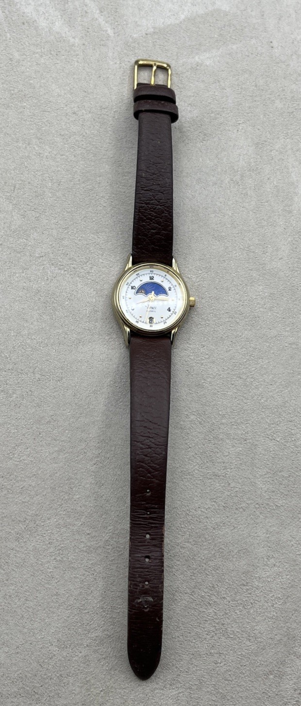 Timex 364 T Cell Moon Phase Quartz Wristwatch Gold Tone Brown Leather Band