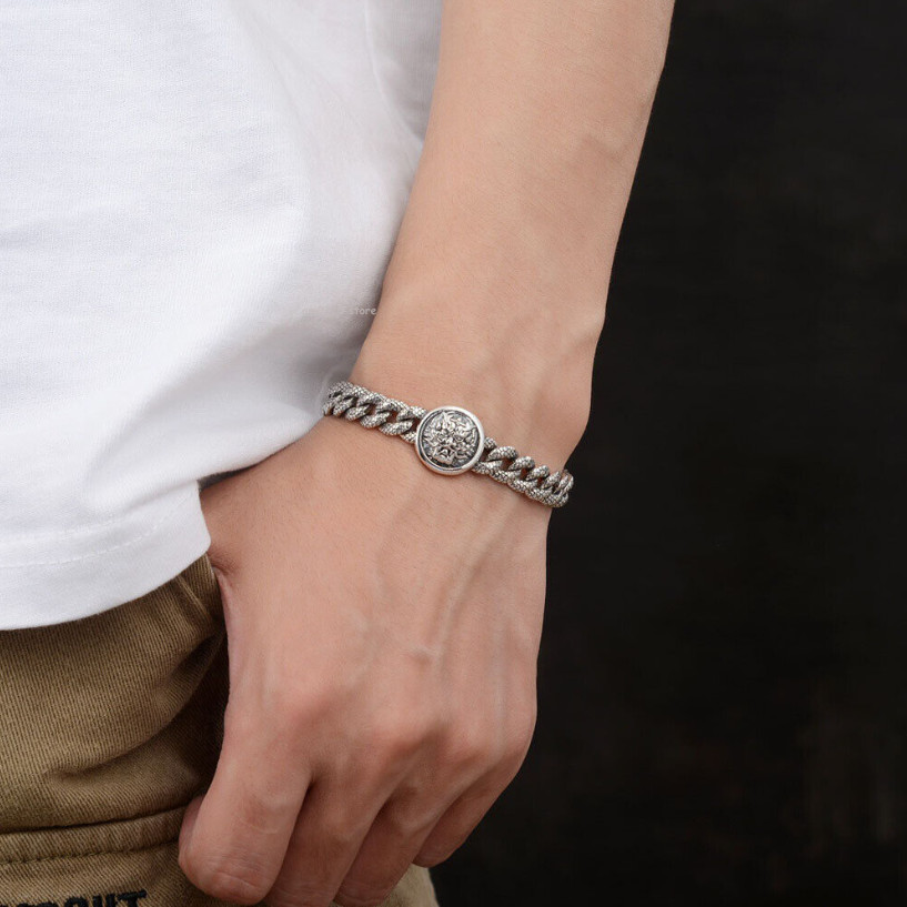 Solid Sterling Silver 925 Metal Purity Bracelet Dragon Head Curb Link Chain