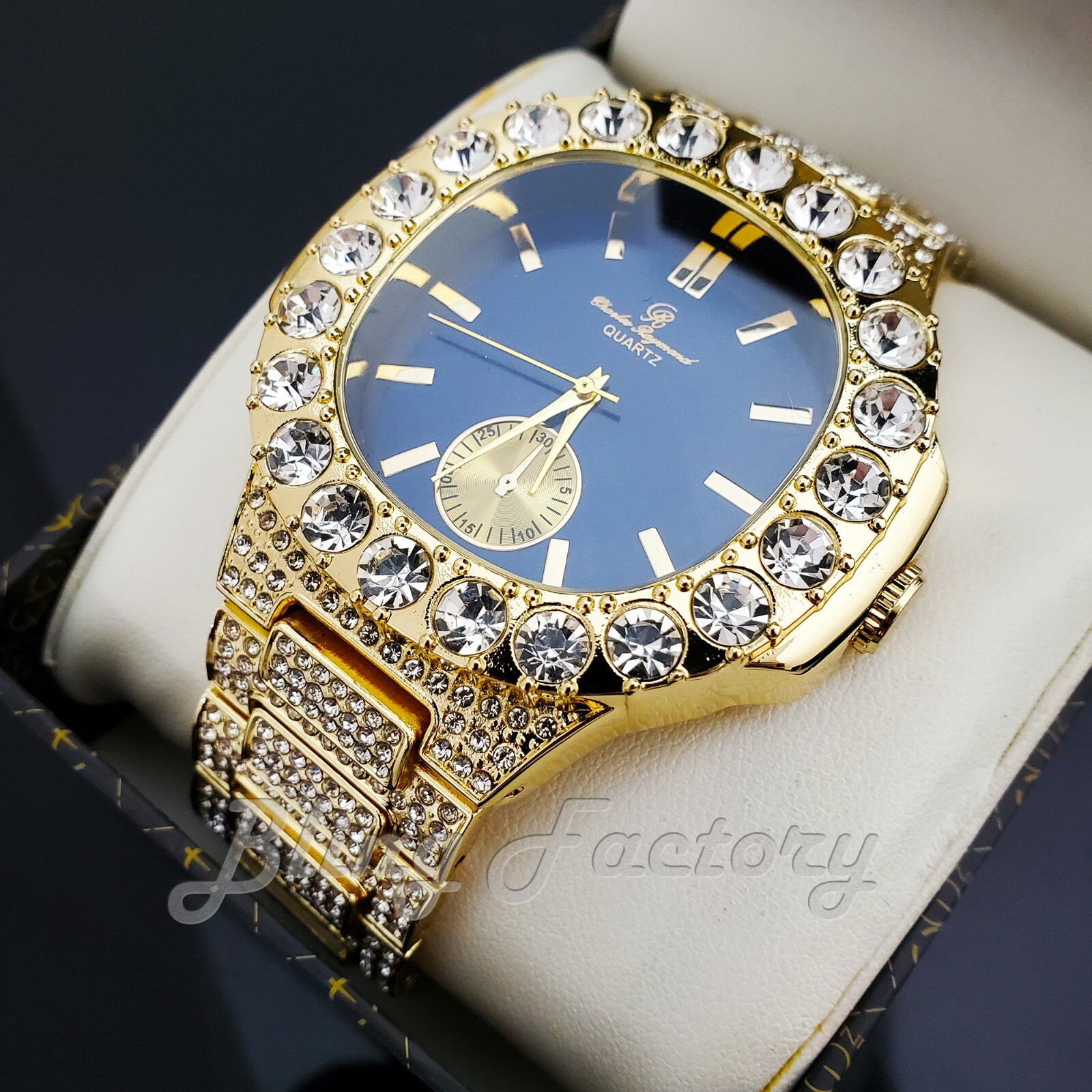 Men’s Iced Icy Luxury Blue Dial Bling Gold Plated Alloy Big Cubic Zirconia Watch