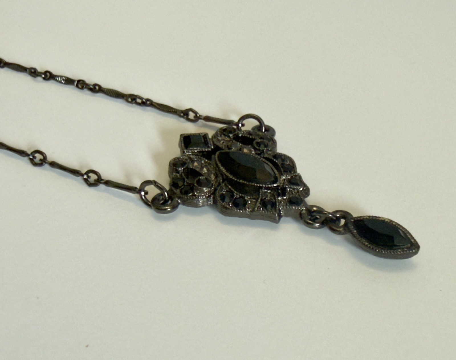 VTG 1928 Jewelry Co Black Rhinestone Marquise Y Drop Necklace Gunmetal Gothic
