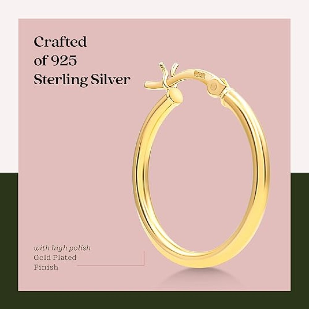 925 Sterling Silver High Polished Gold 2MM French Lock Hoop Earrings 10MM-55MM