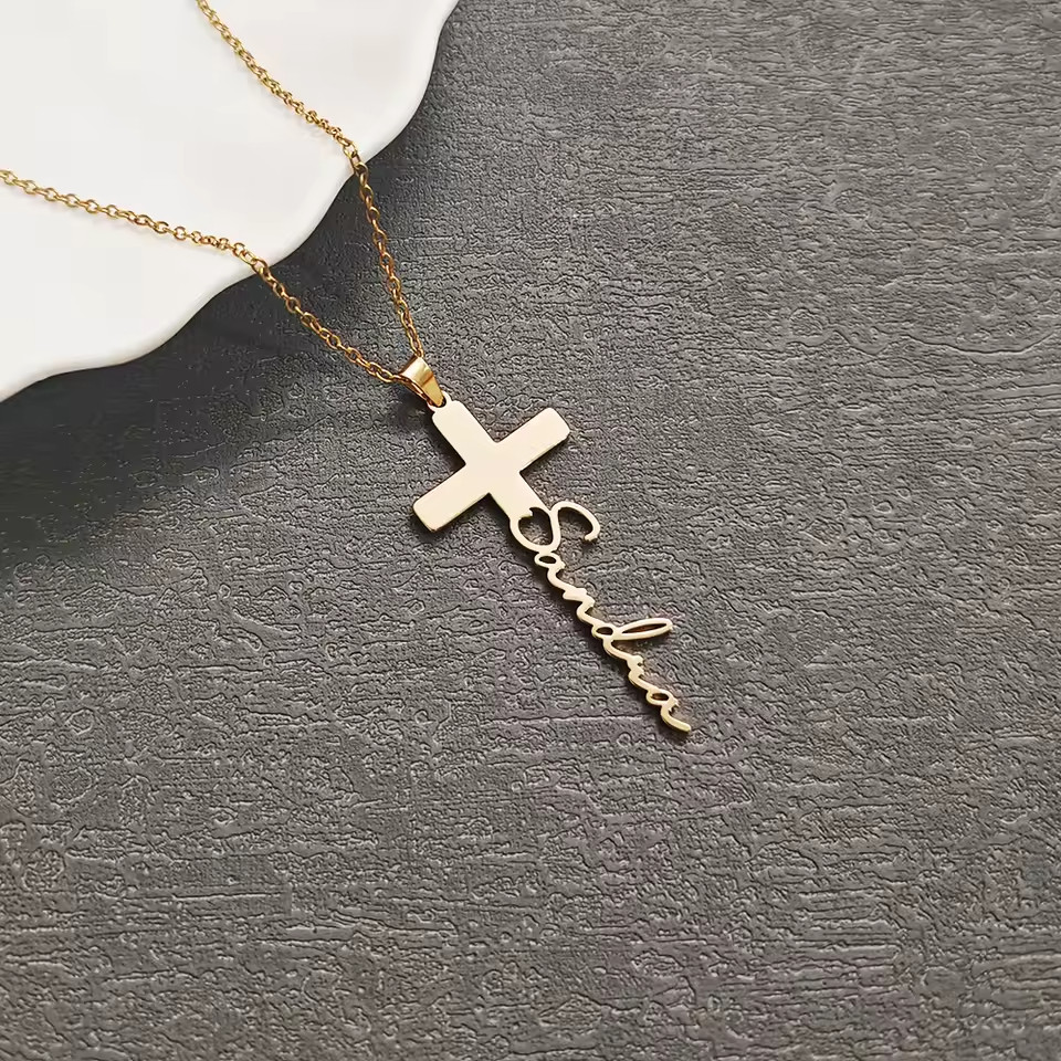 Custom Cross Name Necklace Personalized Pendant Stainless Steel Jewelry Gold