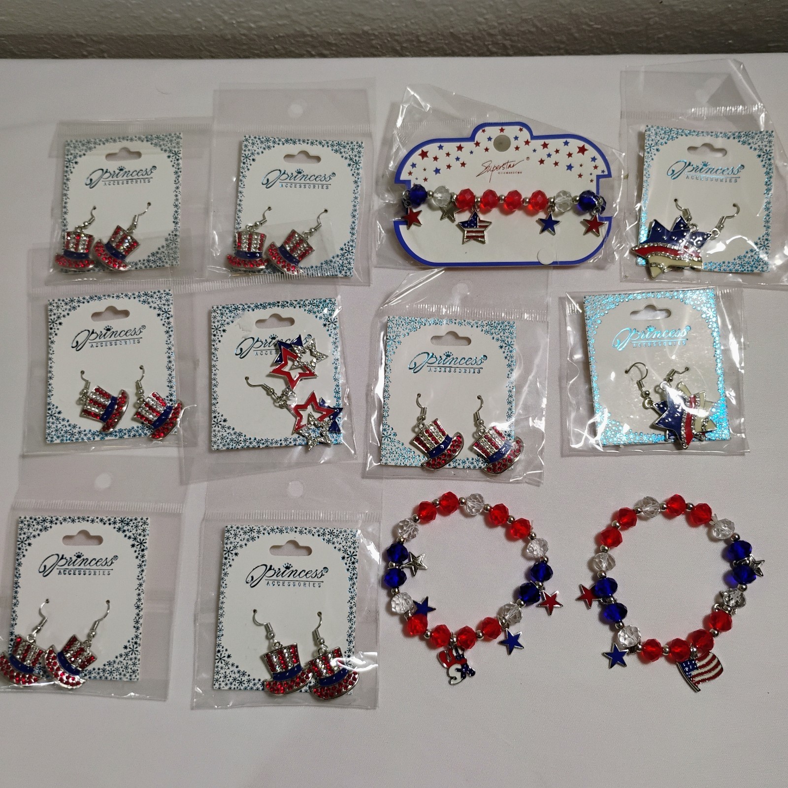 Lot of 12 Pieces Patriotic Jewelry Red White Blue Earrings & Bracelets New