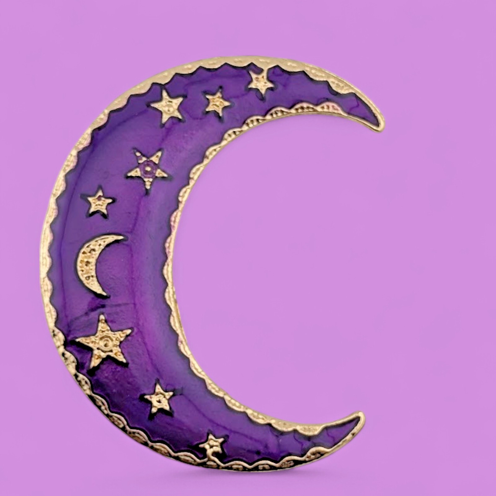 PURPLE ENAMEL CRESCENT MOON BROOCH goldtone metal stars night sky pin gothic J6
