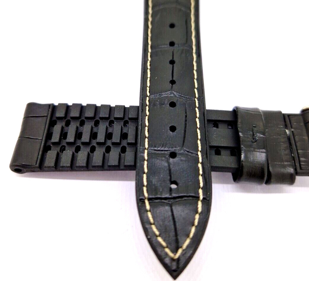 Black Waterproof White Stitched Bracelet 20mm Rubber + Leather / 26