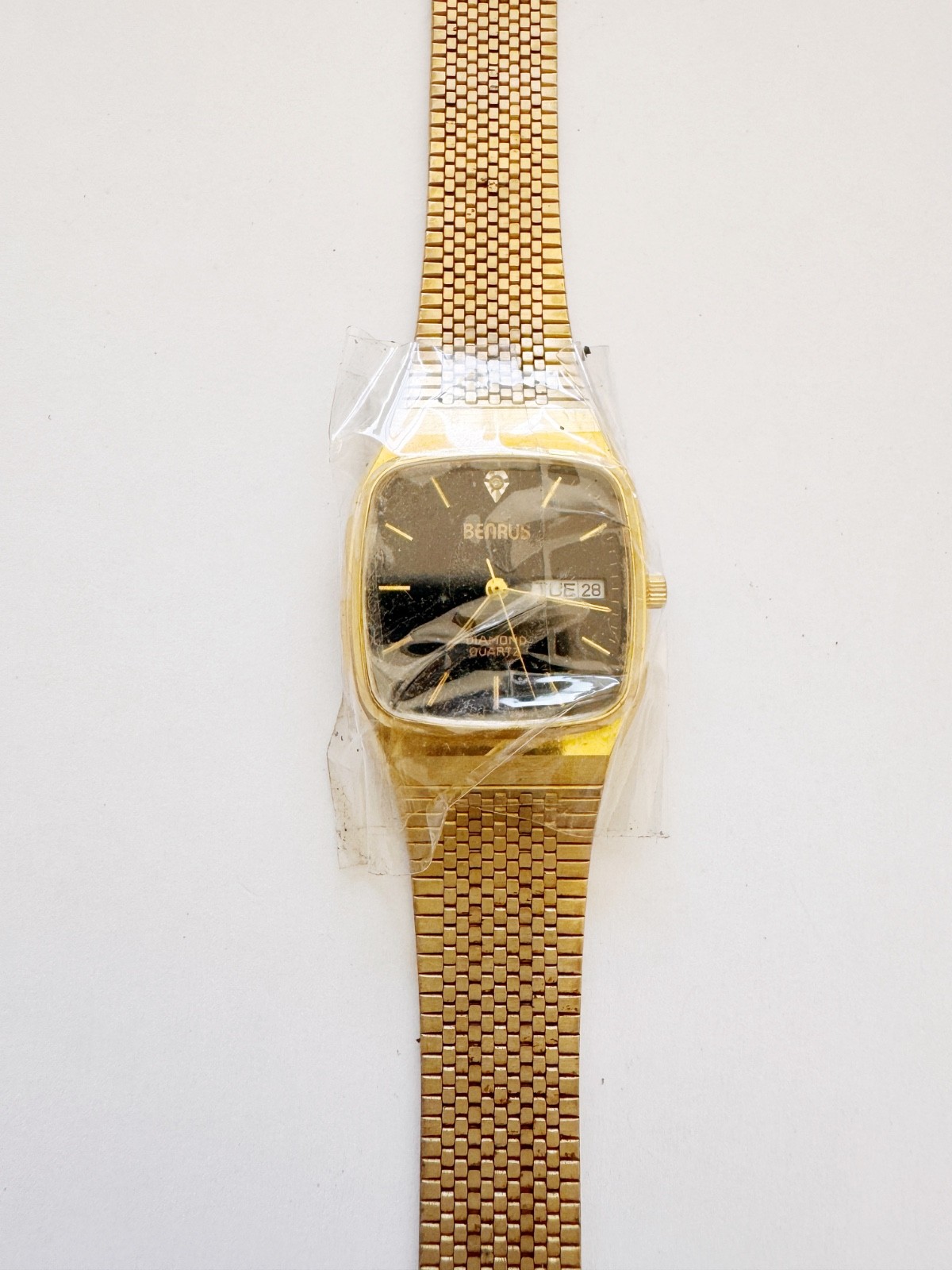 Vintage Benrus Diamond Quartz Watch 30mm Gold Tone Bracelet AS-IS Repair