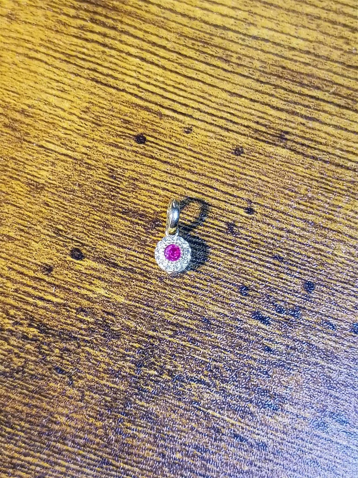 10K Yellow Gold Pink/Red Gemstone & White Sapphire Halo Pendant Charm C Pictures