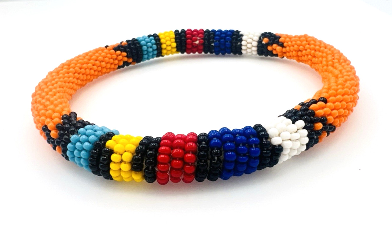 Two Unisex Handcrafted African Seed Bead Bangle Bracelets 2.8 in