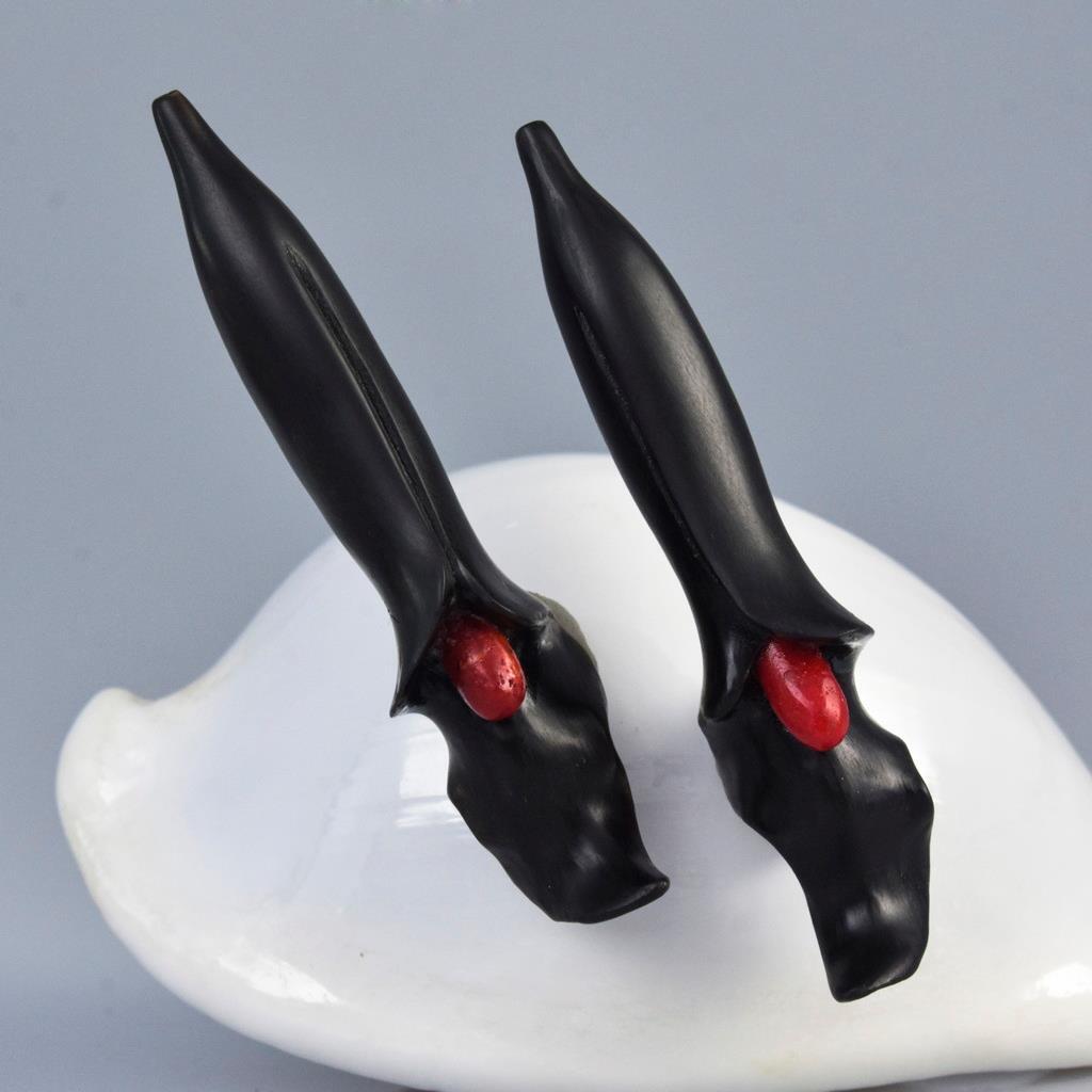 Trumpet Flower Earring Pair Carved Black Horn & Red Sponge Coral drilled 6.80g