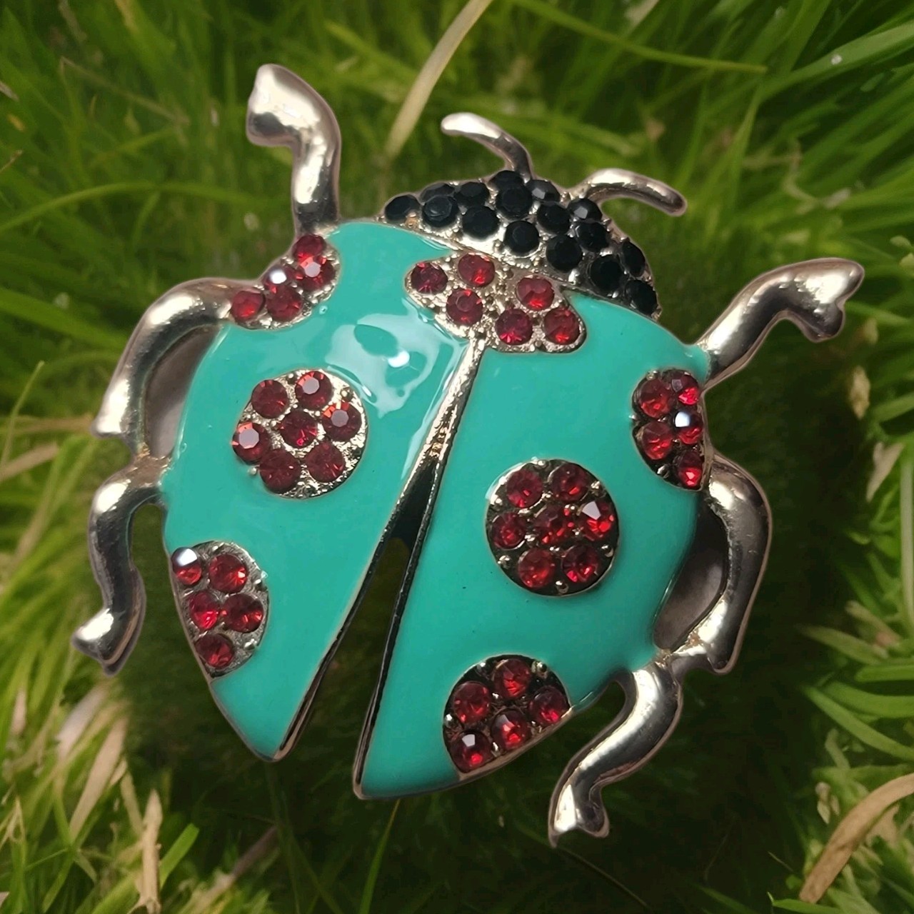 Teal Enamel Ladybug Brooch/pin Black & Red Rhinestones Gold Tone