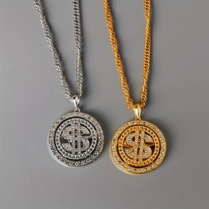 $ Dollar Spinner Cubic Zirconia Iced Medal Pendant 24 Cuban Chain Chain Necklace