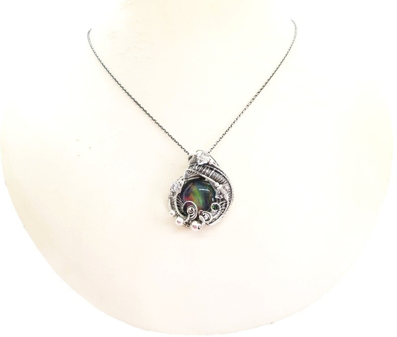 Aurora Opal Wire-Wrapped Pendant in Sterling Silver with Herkimer Diamonds