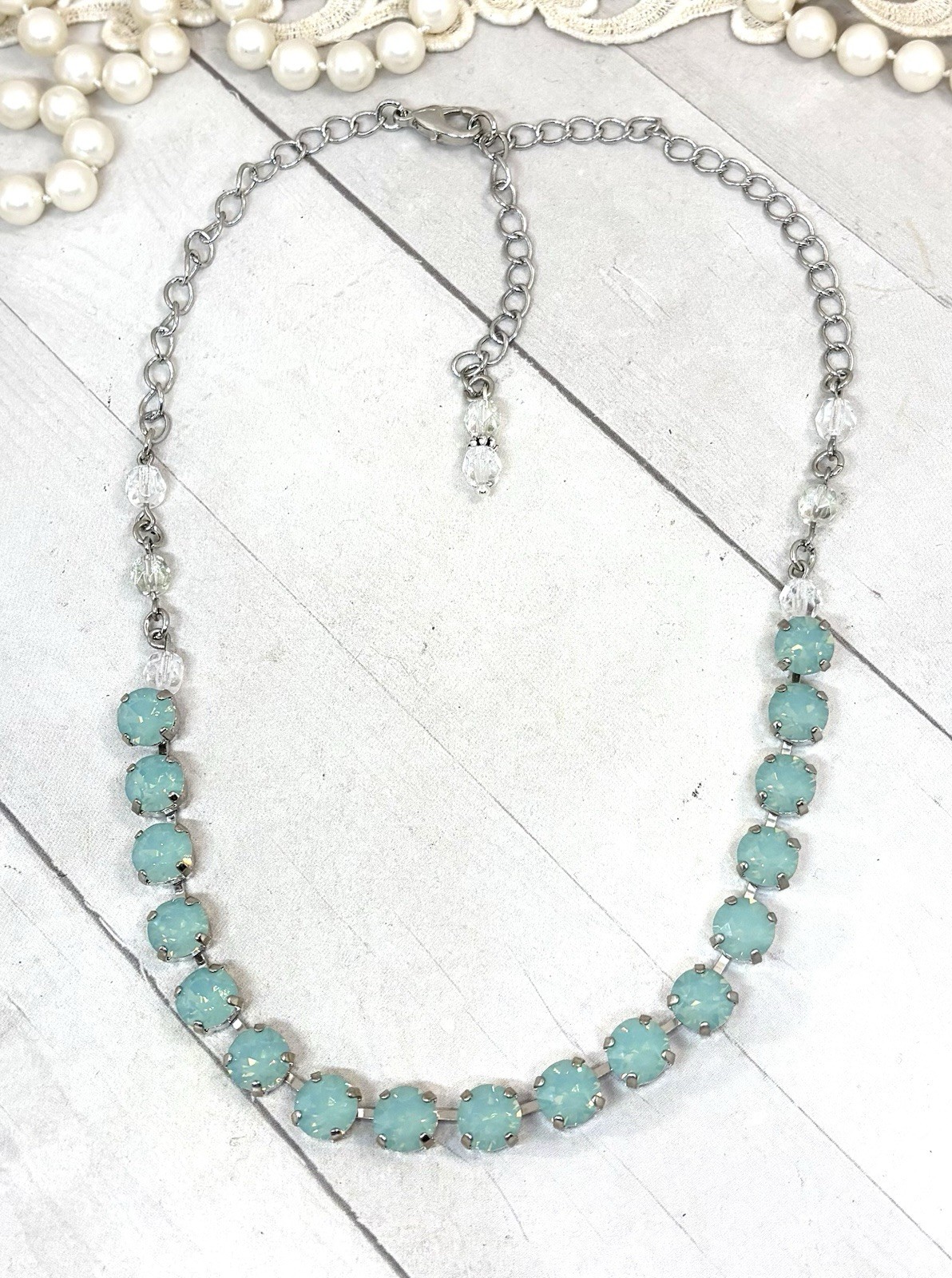 Rhodium Silver Plated Mint Green Pacific Opal Crystal Cup Chain Tennis Necklace