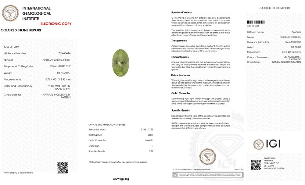 0.67 Cts AAA VVS Sparkling 100 % Natural Apple Green IGI Certified Chrysoberyl