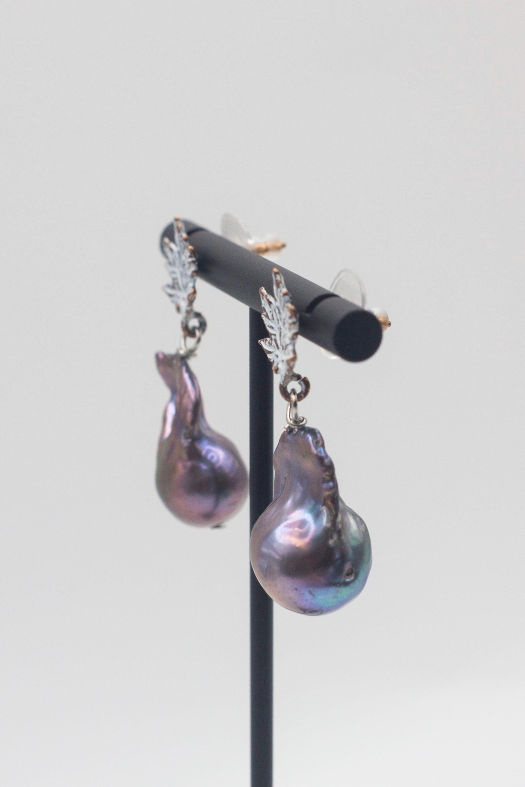 12mm Black Peacock Baroque Pearl Leaf Stud Earrings White Patina Bronze Handmade