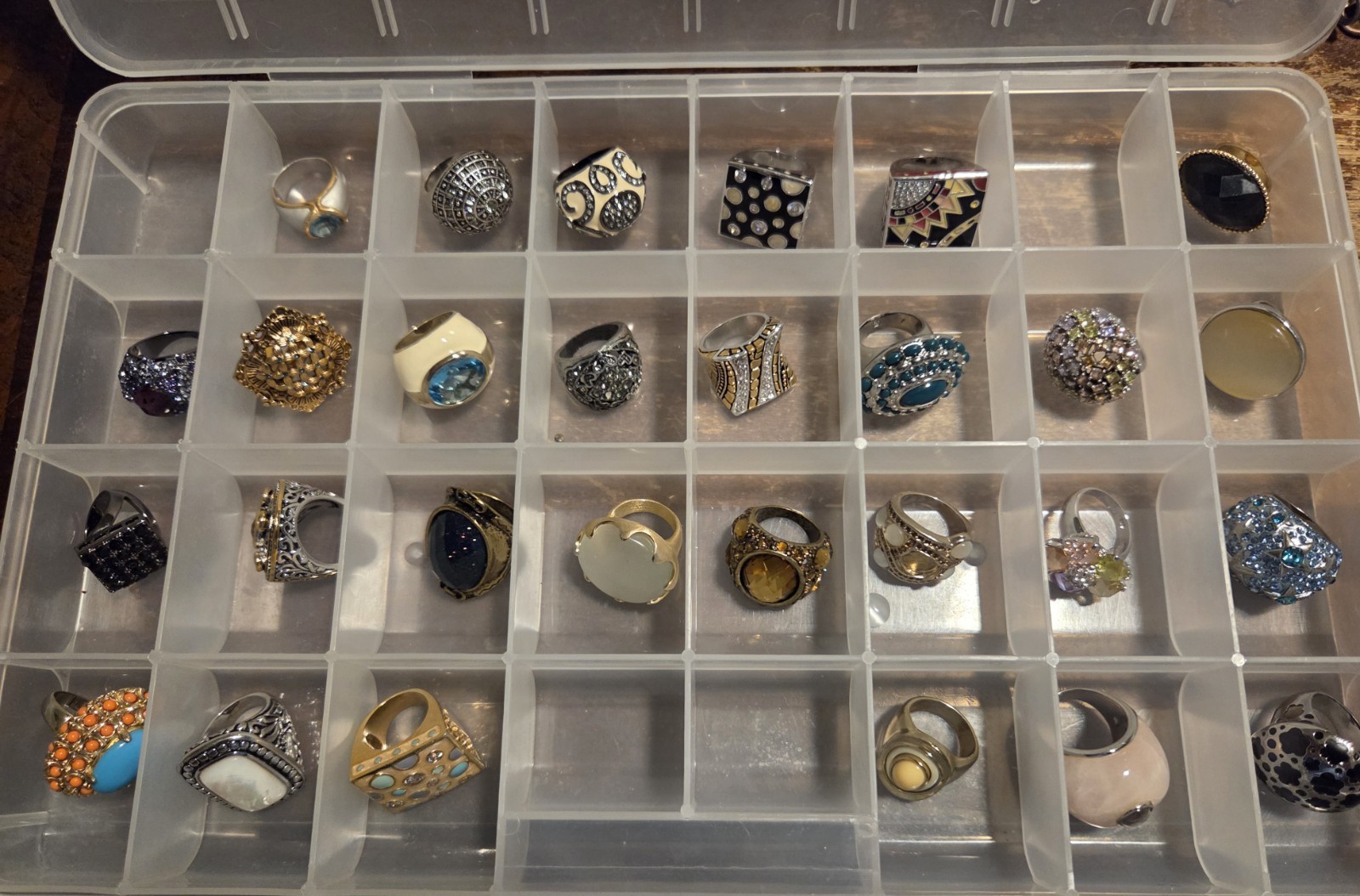 28 Pc Estate Costume Ring Lot Chunky Statement Chico’s Cannes 18K HGE w/ Tray