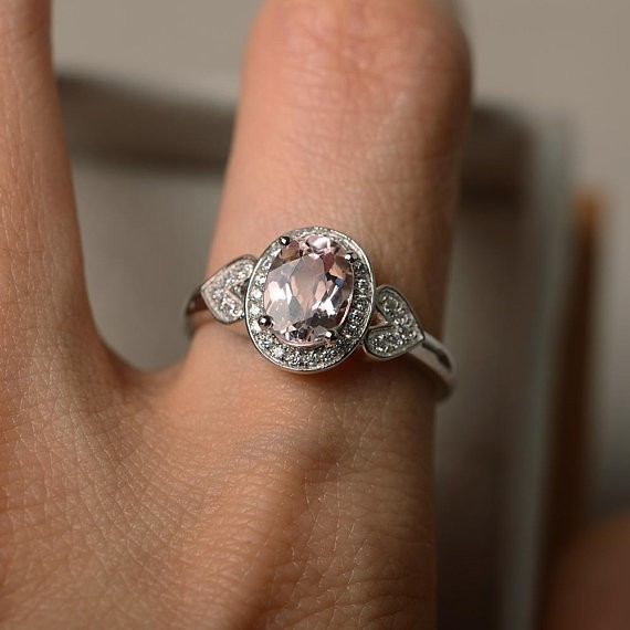1.65 Ct Oval Cut Natural Morganite Diamond Ring 14K White Gold Ring Size 7
