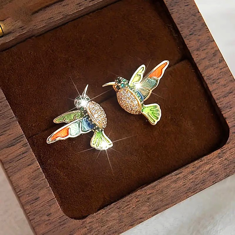 Pair Vintage Alloy Earrings Colorful Enamel Hummingbird