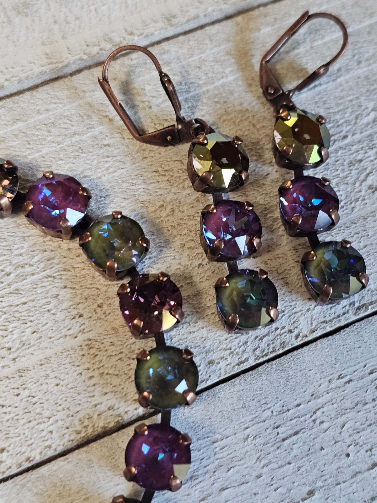 B1-9 Olive Purple Copper Drop Earrings Matching Cup Chain Bracelet Set