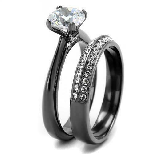 Brilliant 1.75Ct Round Cubic Zircon CZ AAA Light Black Ip Wedding Set Tk2797