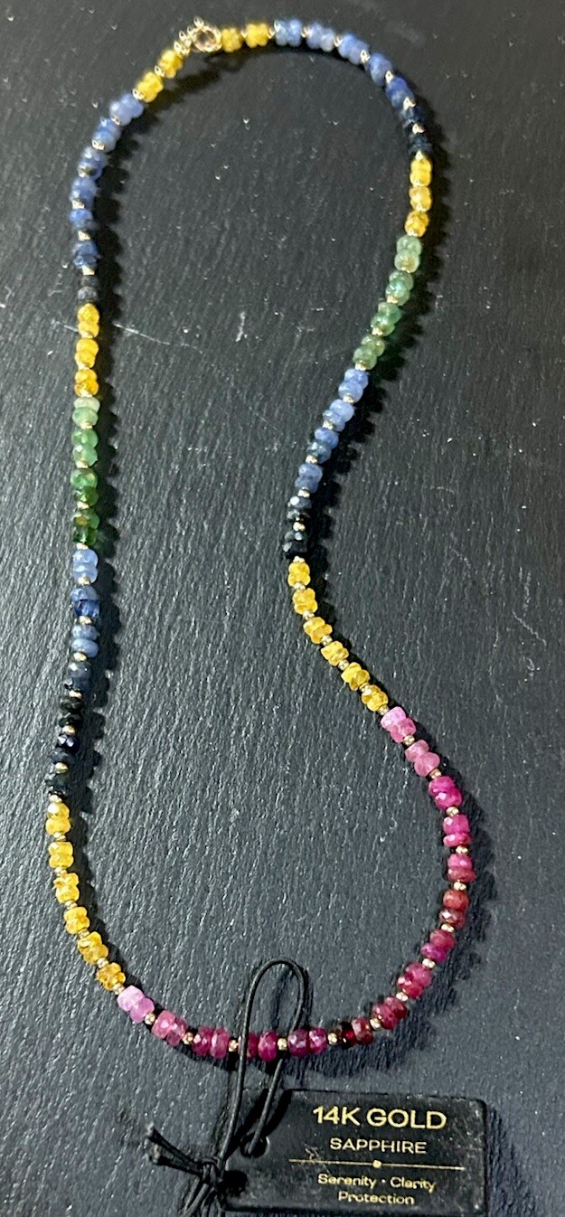 14k Gold Filled Rainbow Multicolored Genuine Sapphire Necklace 18inches NWT