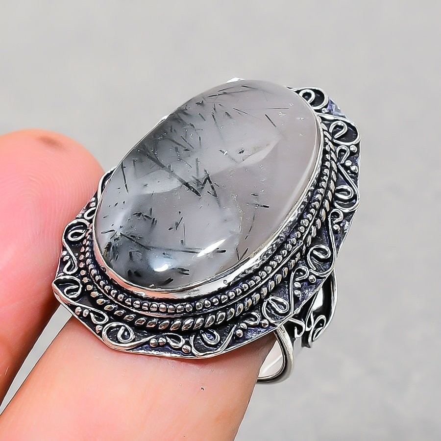 Black Rutile Gemstone Ring Handmade Anniversary Gift Vintage Jewelry 10″ VR 2359