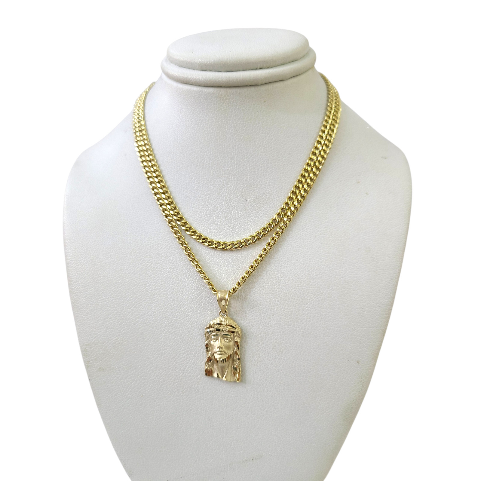 Real 14K Gold Miami Cuban Link Chain Jesus Head Charm Pendant Set 3mm 18″–28″