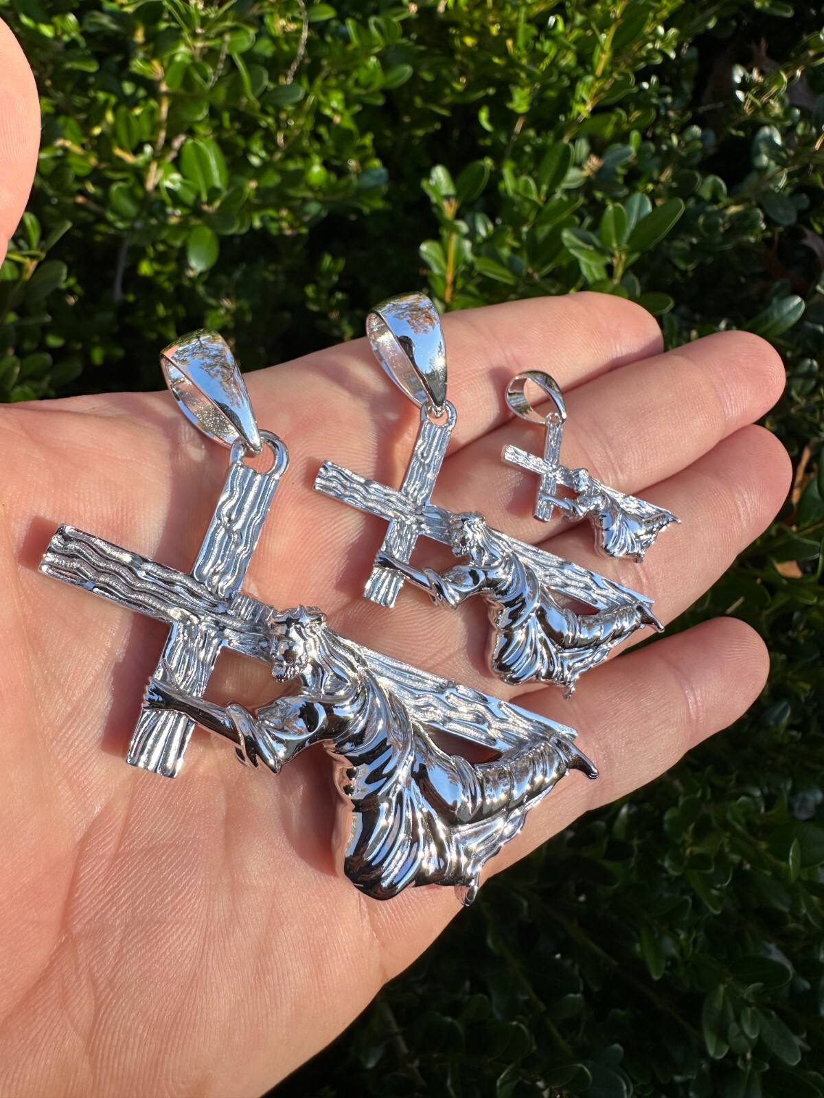 Jesus Carrying Cross Plain Crucifix Pendant Necklace 925 Sterling Silver 3 Sizes