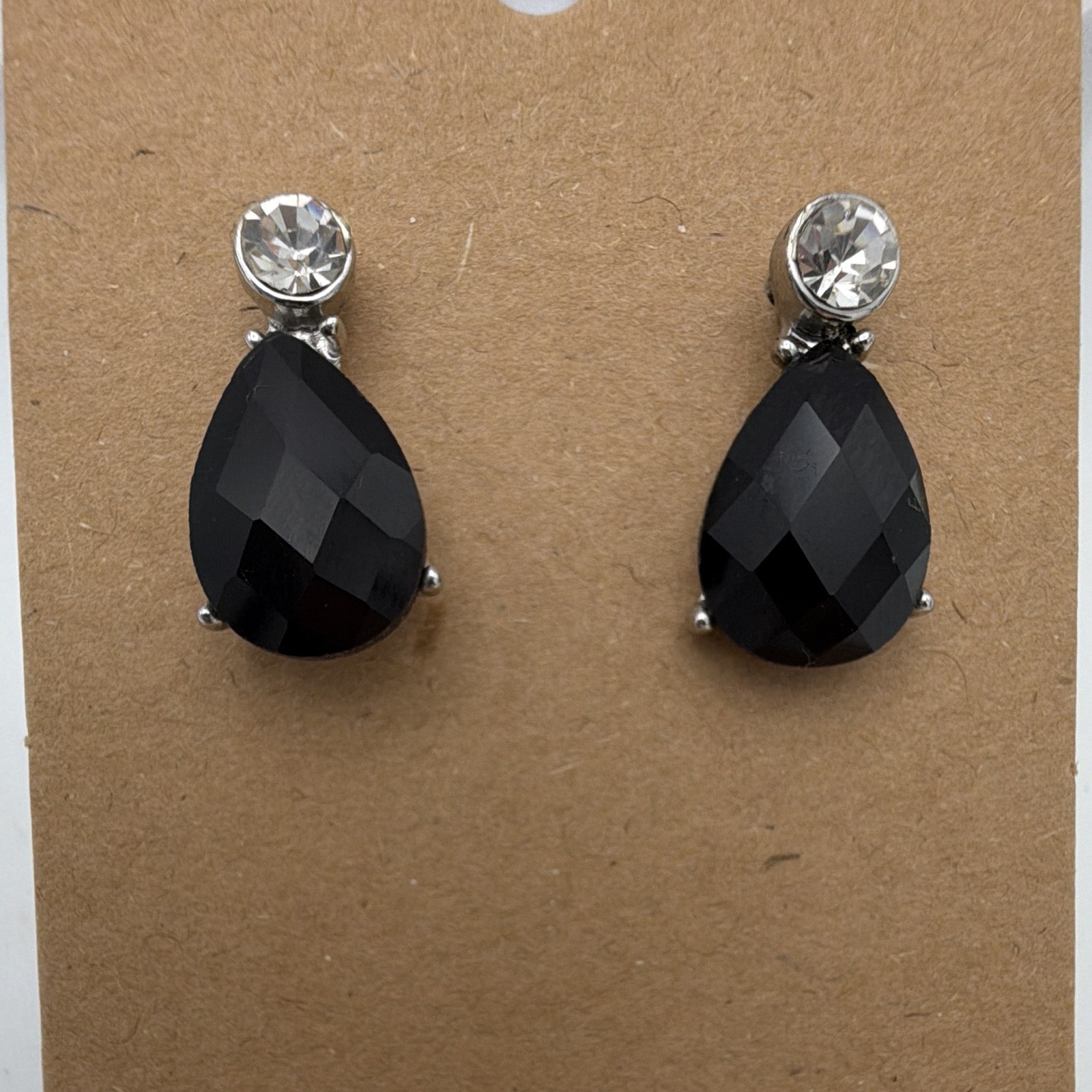 Silver Tone Black Teardrop Crystal Stud Drop Earrings Butterfly Closure .75”