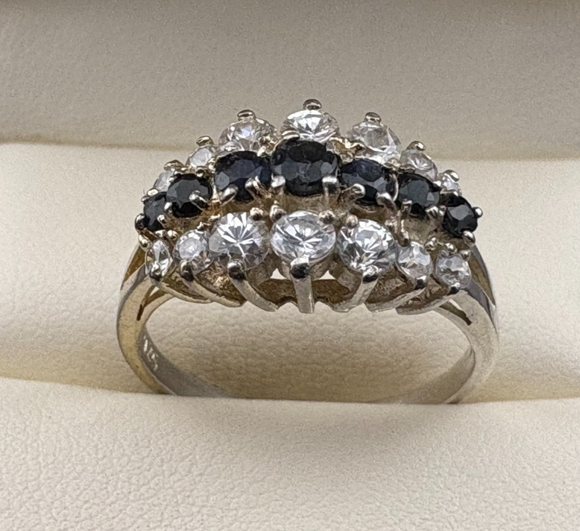 Vintage Handmade Sterling Silver Fancy Ring 7 Blue Sapphire & CZ – Sz. 9, 3.6 Gm