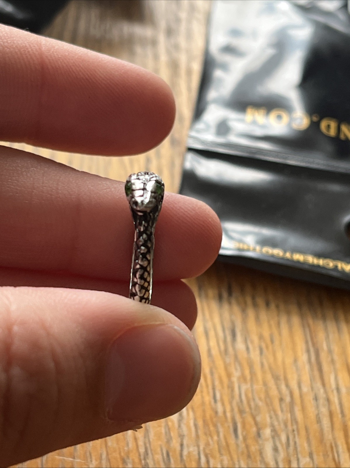 Alchemy England Sophia Serpent Ring Green Swarovski Pewter