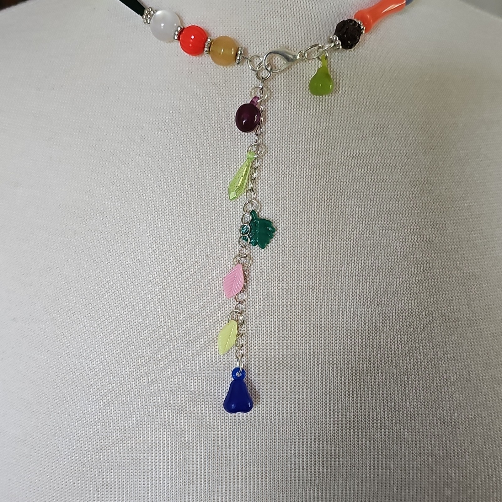 Vtg Acrylic Beaded Charm Necklace w/ Acrylic Dangles Handmade Colorful Chunky