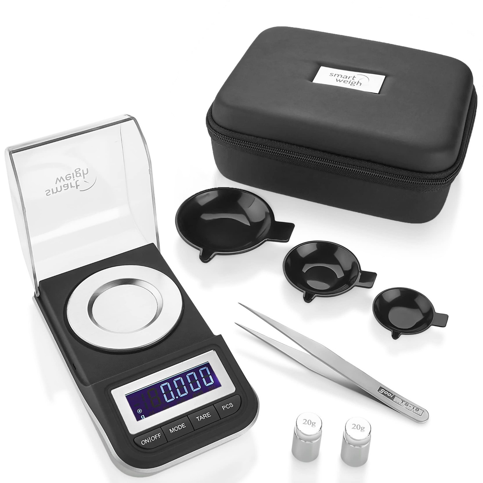 High Precision Digital Milligram Scale 50g x 0.001g, Tweezers, Calibration Weigh