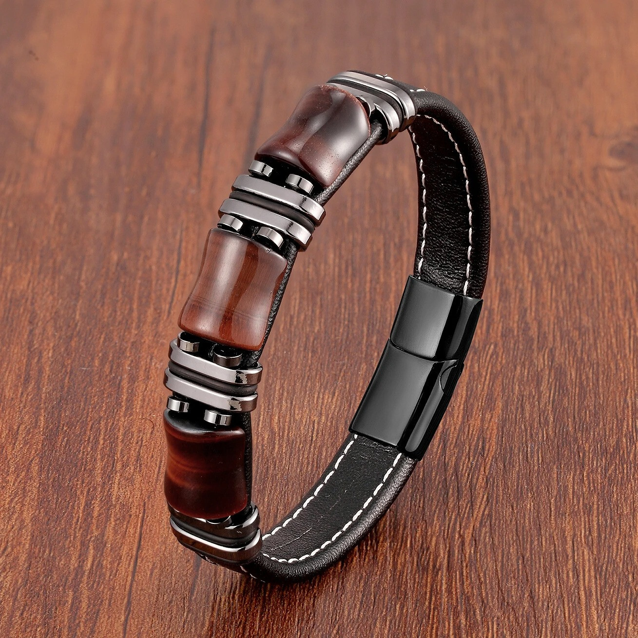 Pulsera De Acero Inoxidable Con Piedra Ojo De Tigre Para Hombre Cadena De Cuero