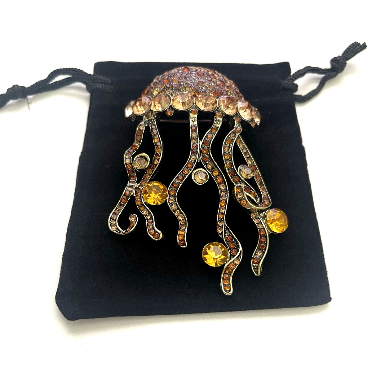Amber Crystal Jellyfish BROOCH Domed Rhinestone-Yellow Tentacle Crystal Drops