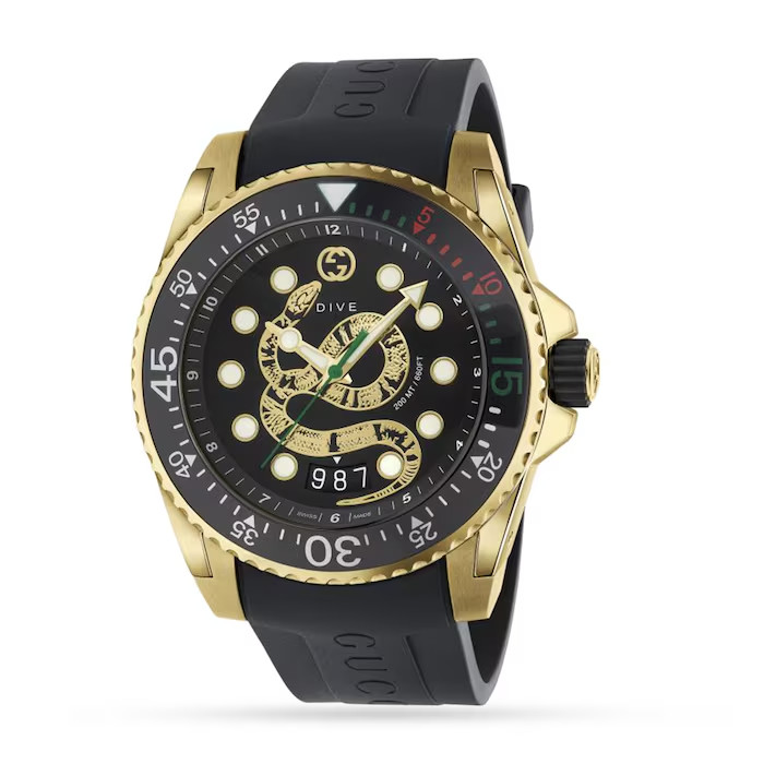 NEW Genuine GUCCI Dive 45mm Gold King Snake Rubber Strap Men’s Watch YA136219