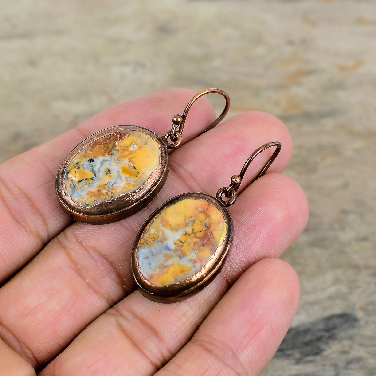 Copper Maligano Jasper Gemstone Electroformed Art Deco Dangling Earrings Jewelry