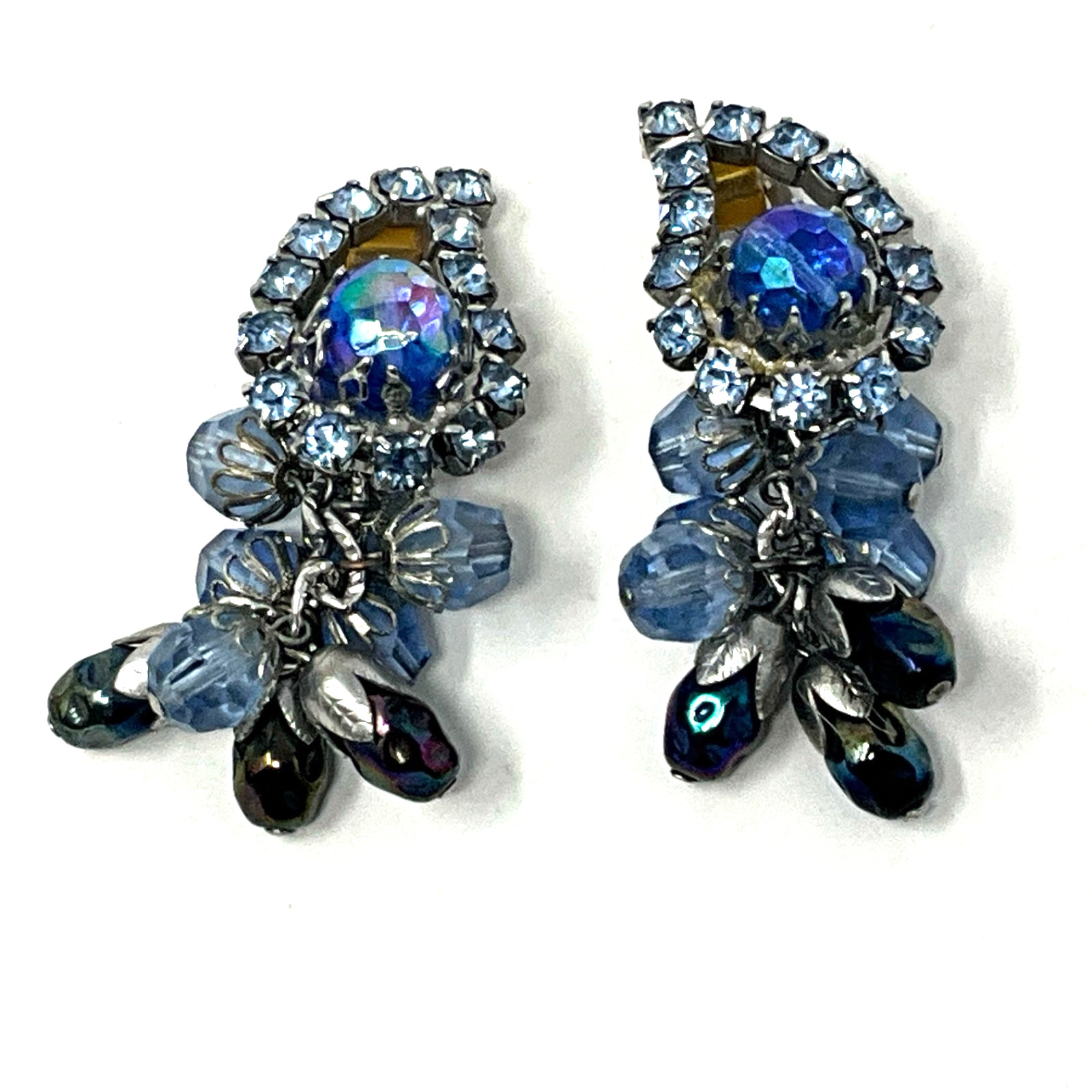 Vintage Signed Hobe Pastel Blue Bead Rhinestone Clip On Earrings Waterfall