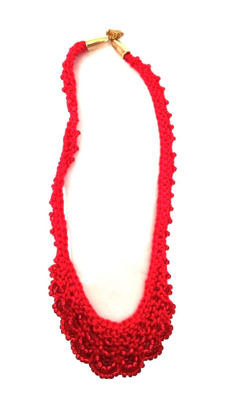 Boho Women’s Choker Style Necklace Red Crocheted Seed Beads Barrel Clasp