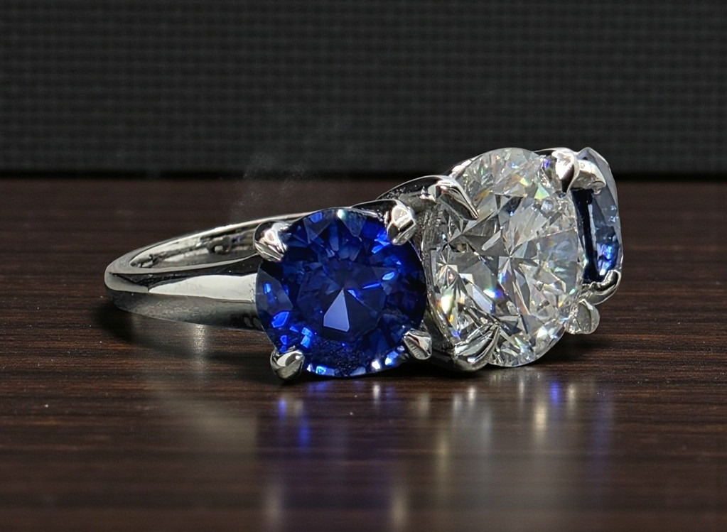 4.00 Ct E VS1 Sapphire and Diamond Lab Grown 3 Stone Ring 14k White Gold