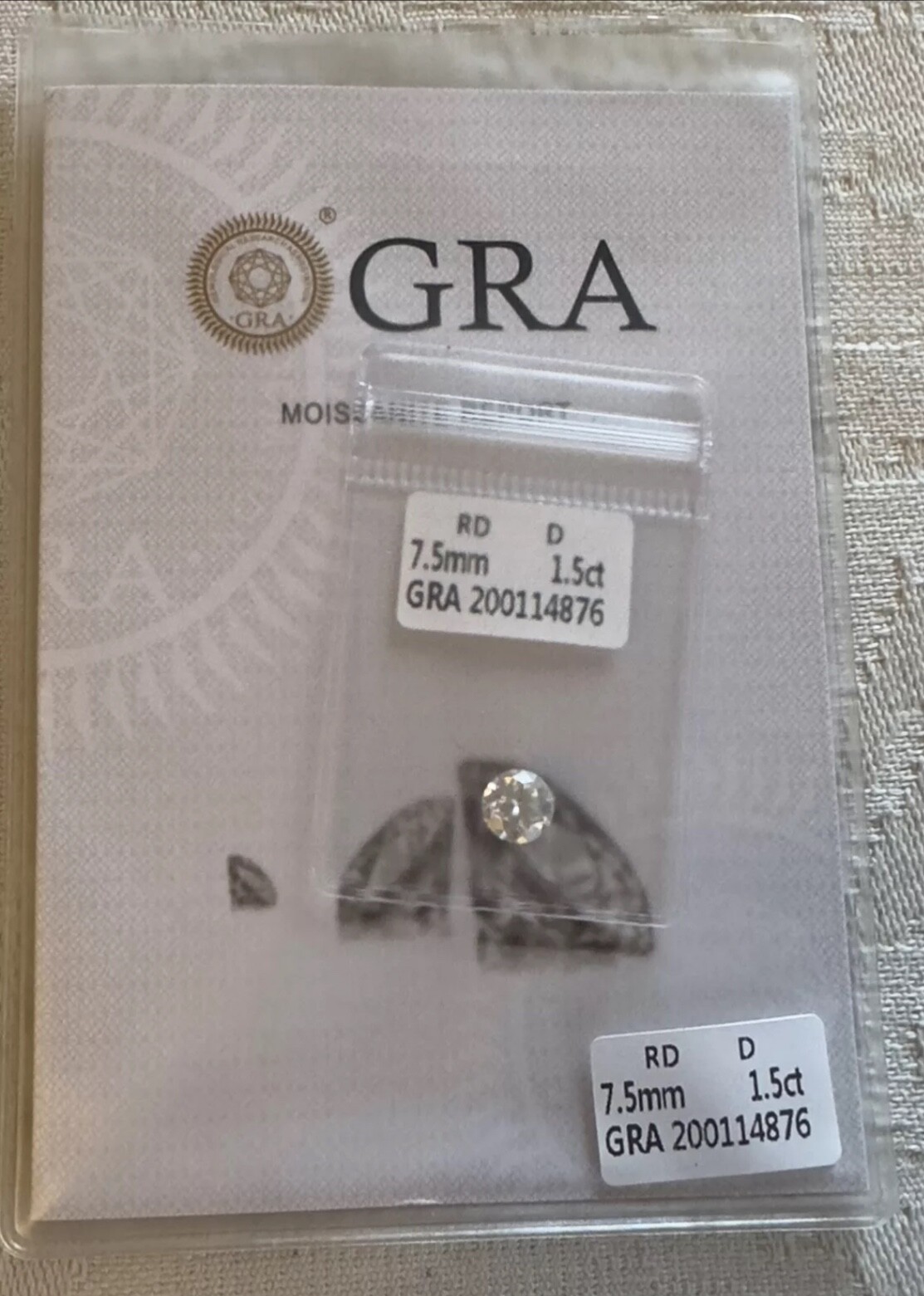 Moissanite Diamond 1.5ct Carat 7.5mm Color D Clarity VVS1 Cert. GRA